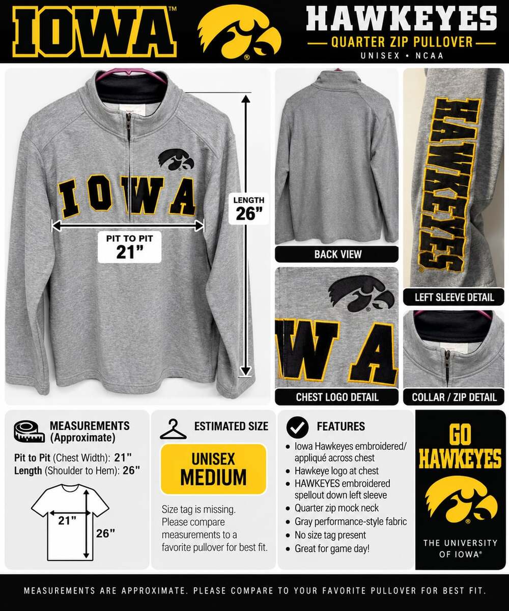 Iowa Hawkeyes Quarter Zip Pullover Gray Unisex M Spellout Sleeve NCAA